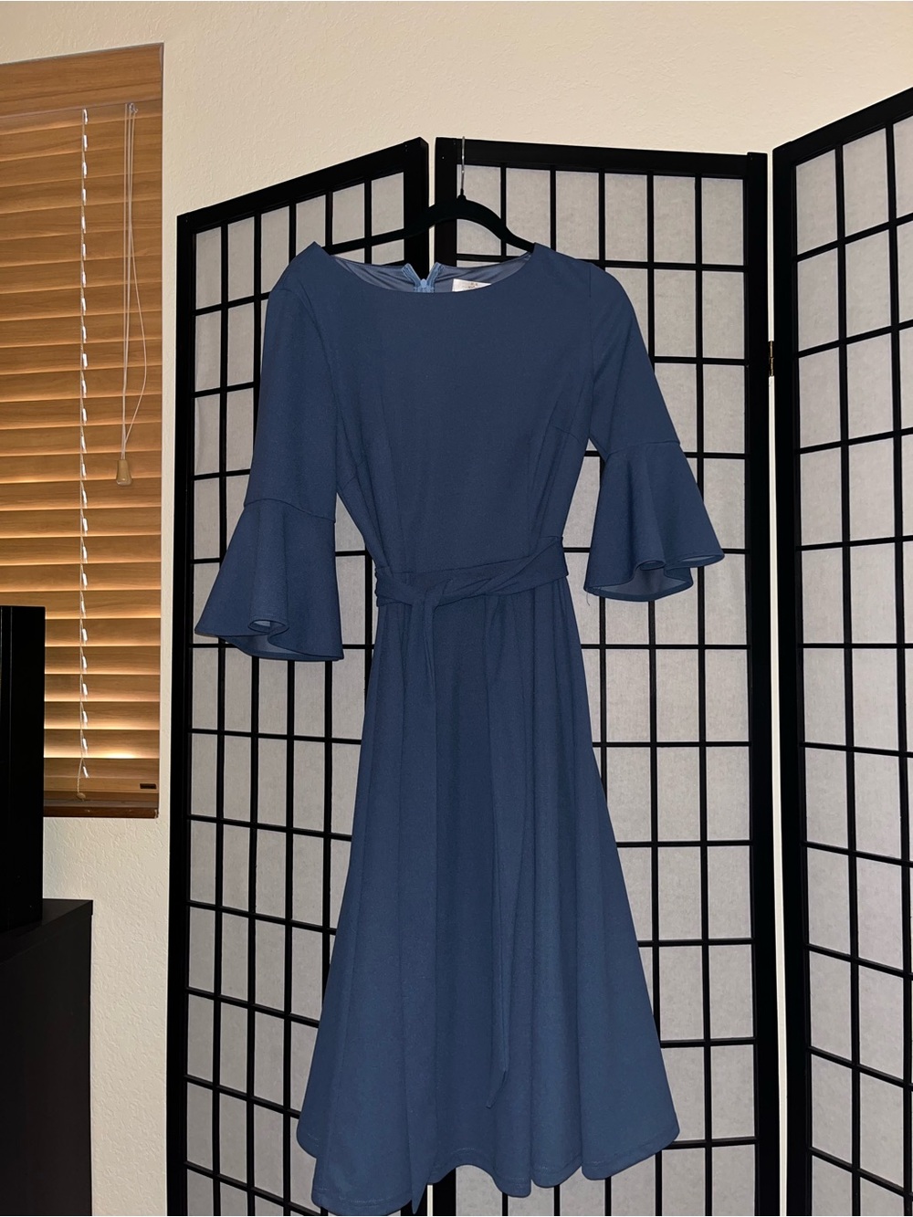 Classic Navy Midi Dress with Bell Sleeves and Self-Tie Waist